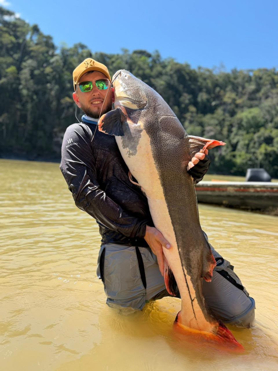 Pescador segura um grande peixe de couro nas águas da região